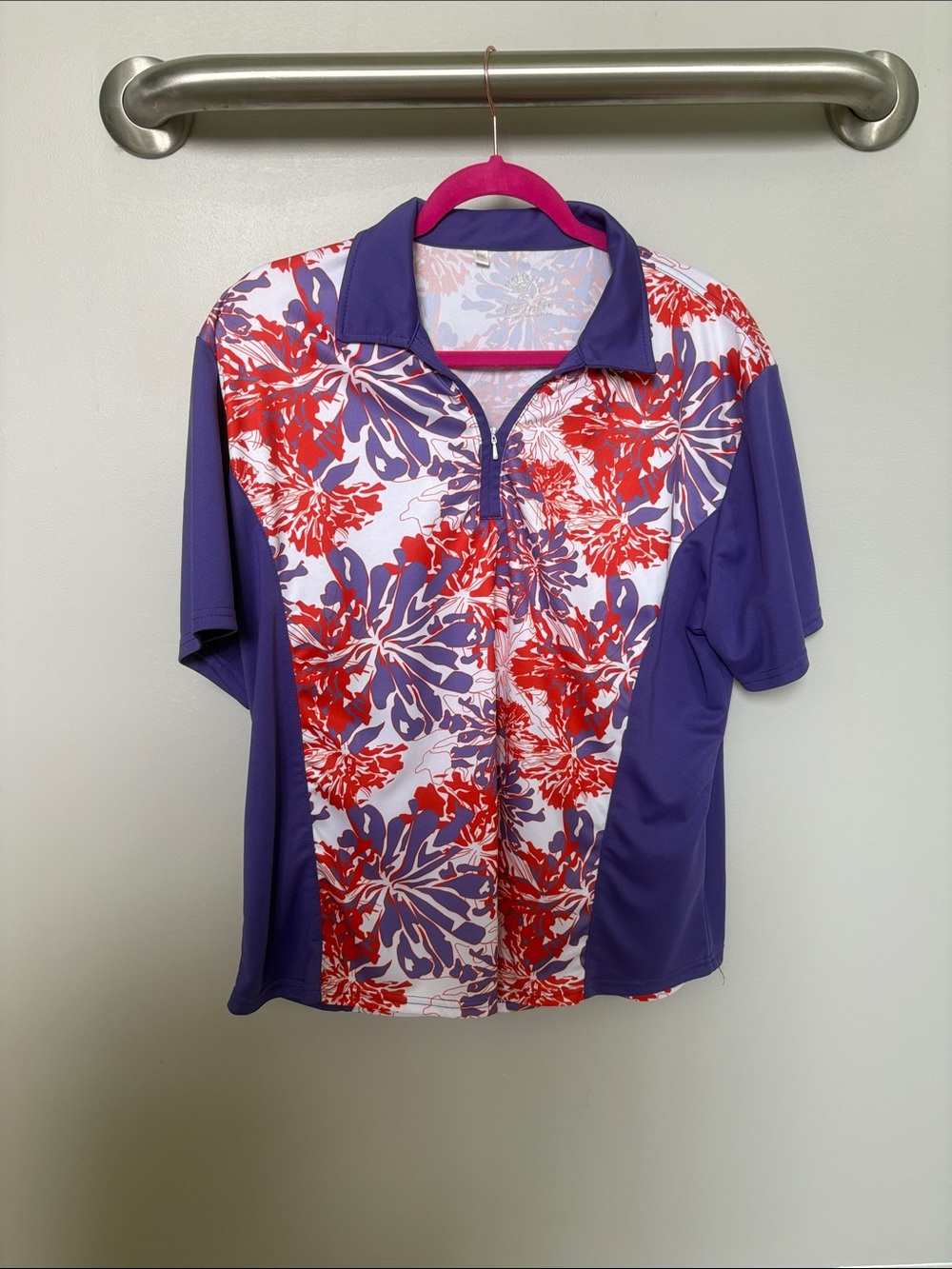 Monterey Bay Purple Polo with Red & White Floral Front ladies Golf shirt.